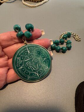 Vintage Green Beaded Necklace Large Aztec Mayan Face Medallion Pendant